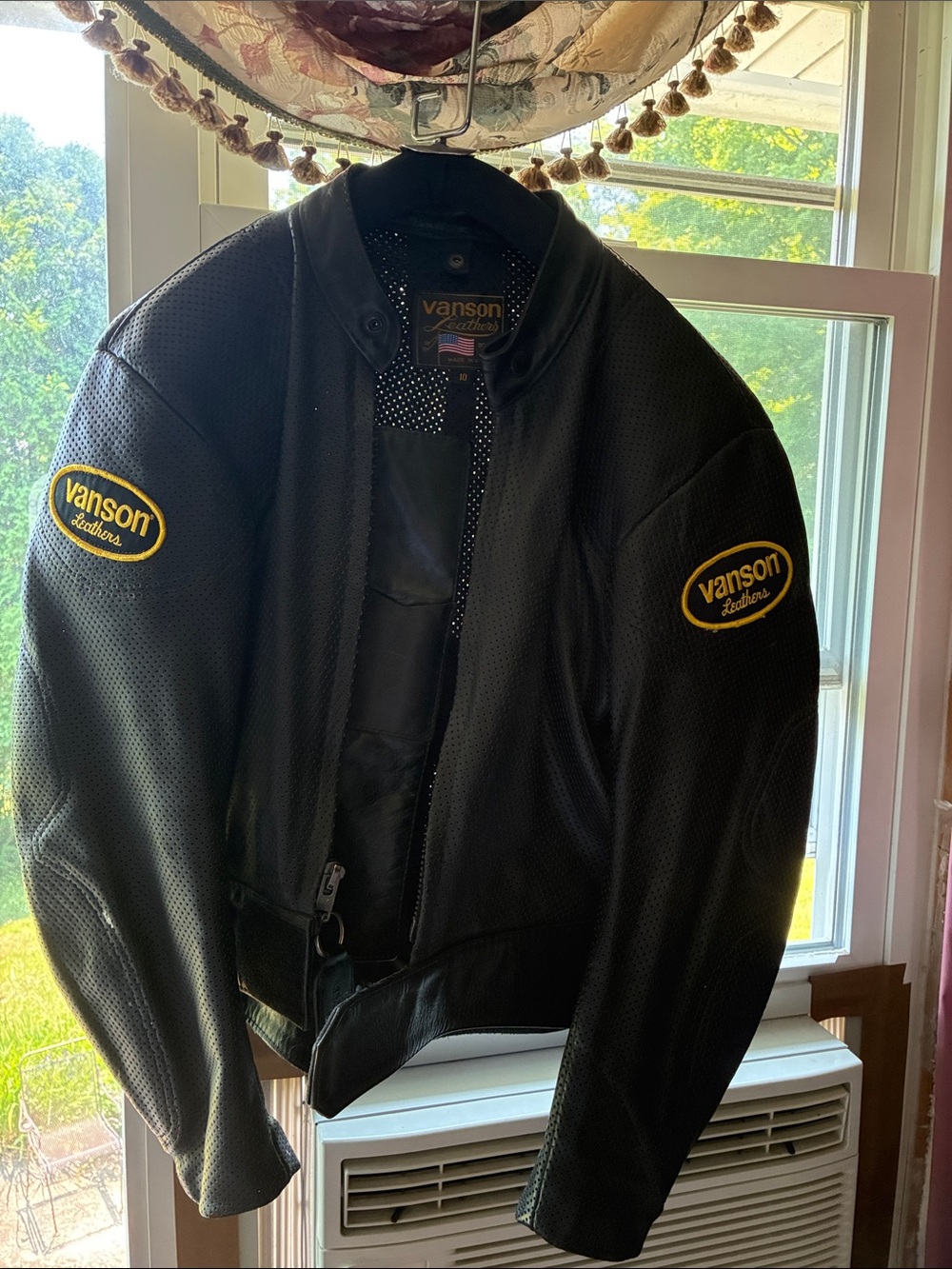 Vanson Black Perforated Leather Motorcycle suit with Yellow Patches